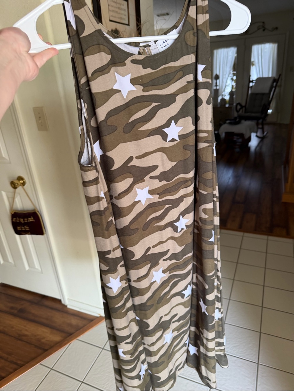 Army/olive green camouflage dress with white stars